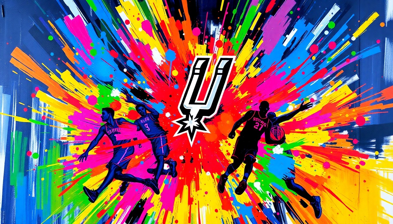 An abstract, expressionist painting featuring bold, neon-colored brushstrokes and splatters that capture the dynamic energy and movement of a basketball game, with the Spurs' logo and players' silhouettes emerging from the vibrant, chaotic composition.