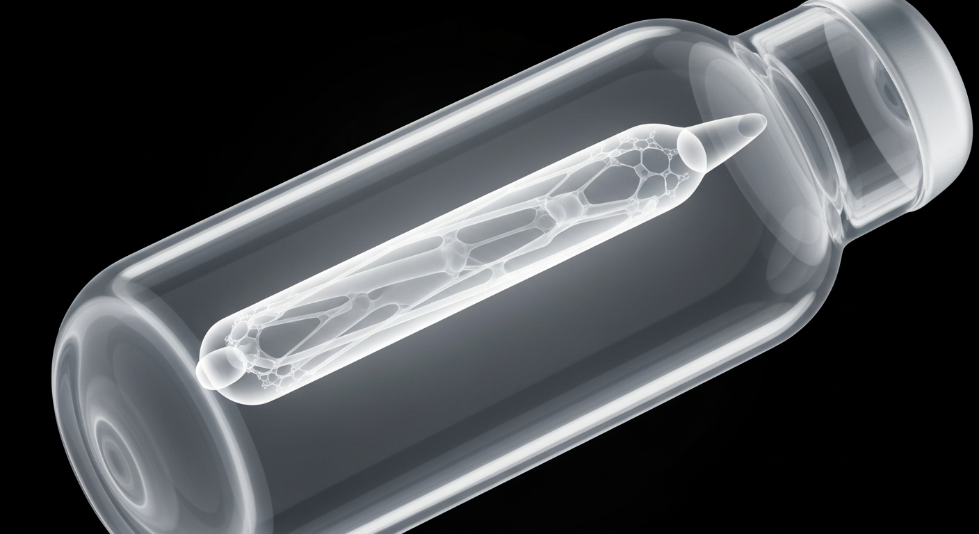 An extreme close-up X-ray photograph revealing the intricate internal structure of a glass vial filled with a glowing, ghostly liquid medication, conceptually illustrating the scientific and clinical nature of this new pharmaceutical product.