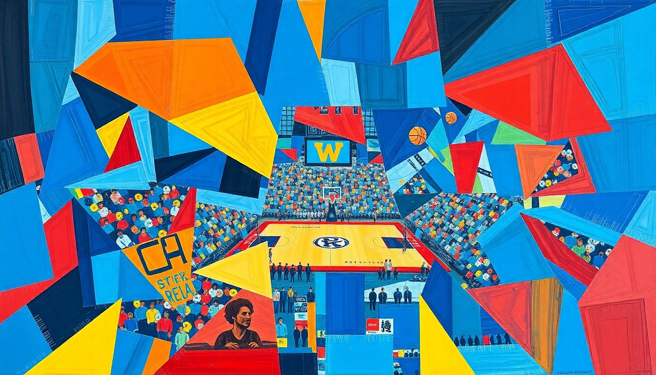 A cubist, geometric painting depicting a college basketball game, with overlapping planes of blue, maize, and red conveying the dynamic energy and tension of the championship matchup.