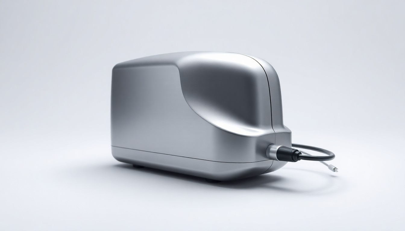 A polished metal medical device, possibly a transcranial magnetic stimulation (TMS) system, is arranged in a clean, high-end studio setting, conceptually representing Neuronetics' focus on advanced mental health therapies.