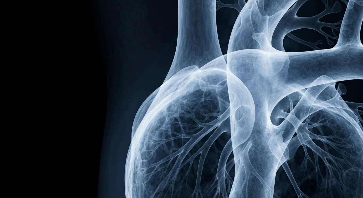 A ghostly, translucent X-ray image revealing the delicate internal structures of a human heart muscle, conceptually representing Cytokinetics' focus on developing new treatments for cardiac dysfunction.