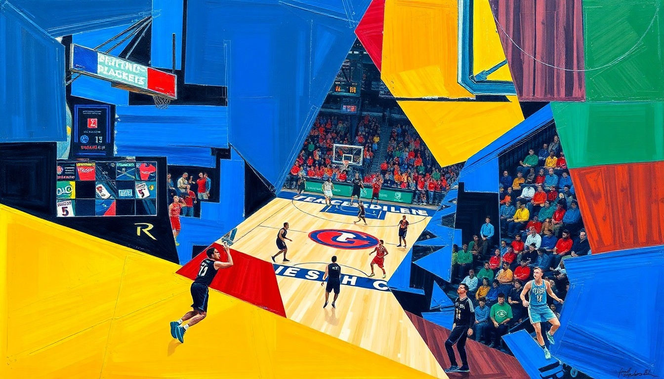 A cubist, fragmented painting depicting a college basketball game or tournament action, with sharp, overlapping geometric shapes in vibrant colors representing the sport's competitive landscape.