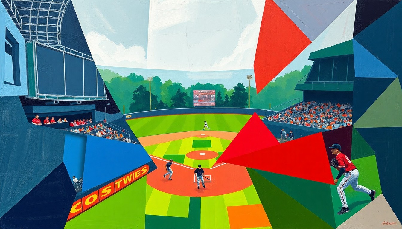A fractured, multi-perspective painting in a cubist style, with the players and field abstracted into dynamic, angular shapes in a vibrant color palette, conveying the kinetic energy and competitive spirit of a high school baseball game.