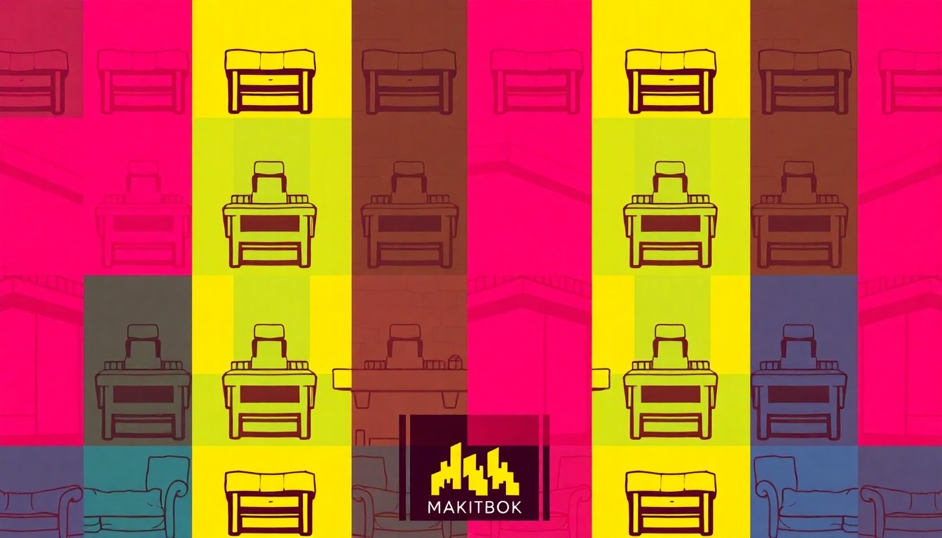 A high-contrast, silkscreen-style grid of a single, iconic mountain home feature, such as a wood-slat ceiling or stone fireplace, rendered in a bold, neon color palette to capture the home's warm, modern aesthetic.