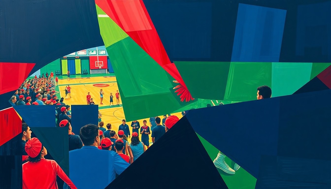 A cubist, geometric painting depicting an abstract scene of high school sports and academic awards, with sharp, overlapping shapes in vibrant shades of blue, green, and red.