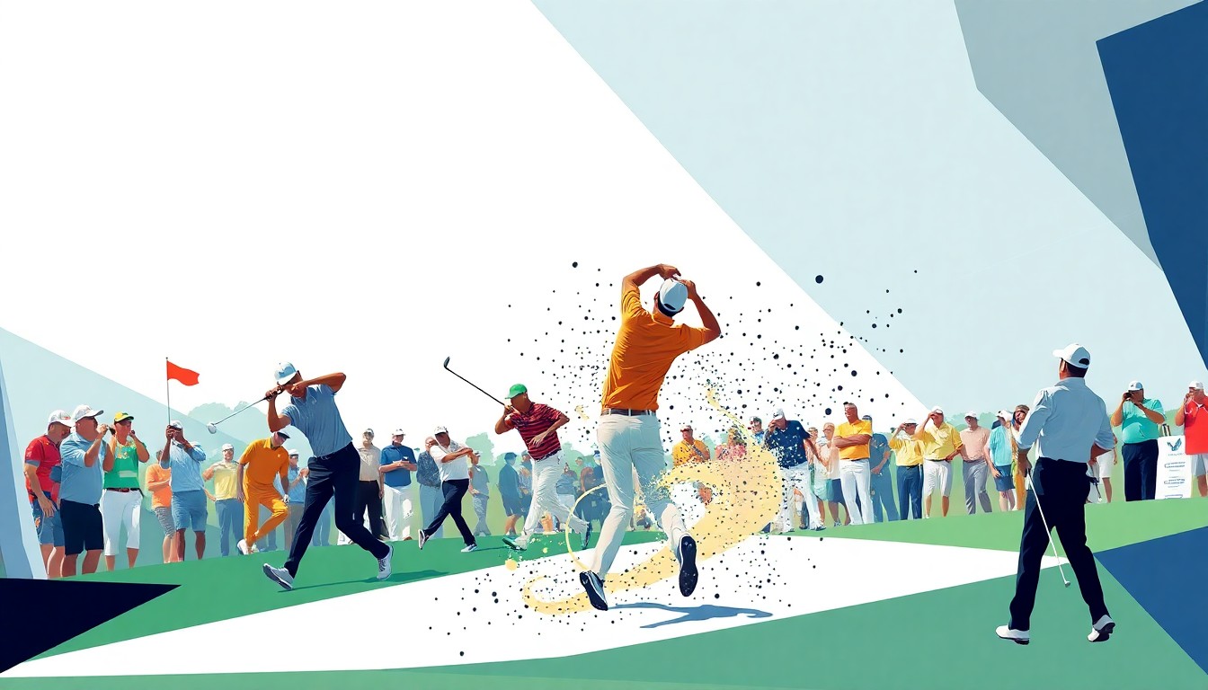 A fractured, multi-perspective painting in the style of Pablo Picasso, breaking down the golf tournament into sharp, overlapping geometric planes that capture the dynamic movement and competition of the event.