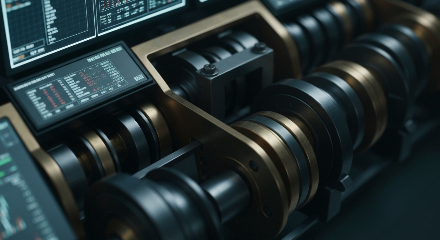 An extreme close-up of a series of gears, levers, and other industrial components in a highly detailed, textured, and cinematic style, conceptually representing the intricate financial mechanisms underlying the pharmaceutical industry.