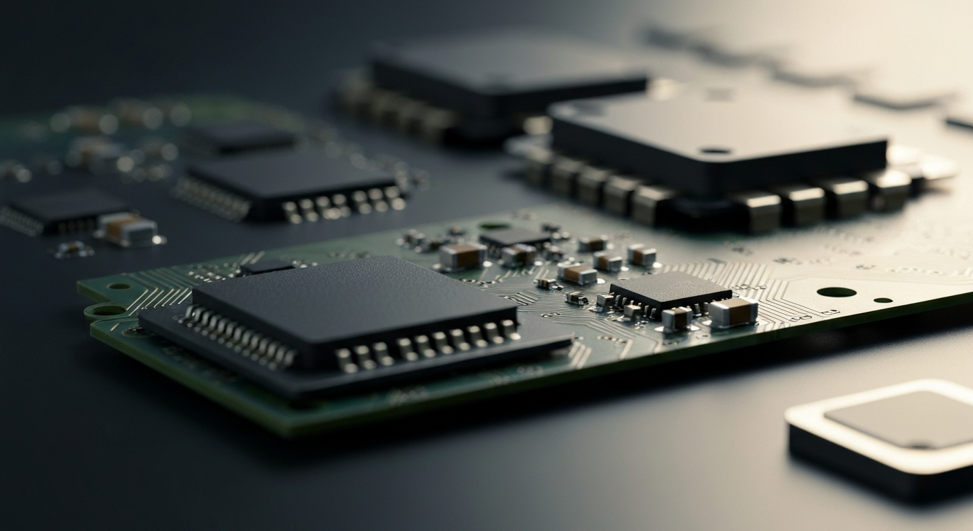 An extreme close-up of various Qualcomm semiconductor components and circuit boards, dramatically lit against a dark background, conceptually representing the intricate technology that powers wireless communications.