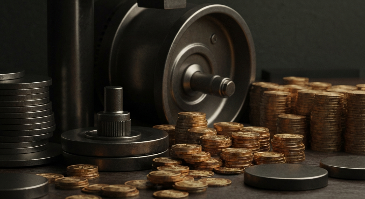 An extreme close-up of gears, levers, and other industrial banking machinery, conveying the tangible, physical nature of institutional investments and financial security.