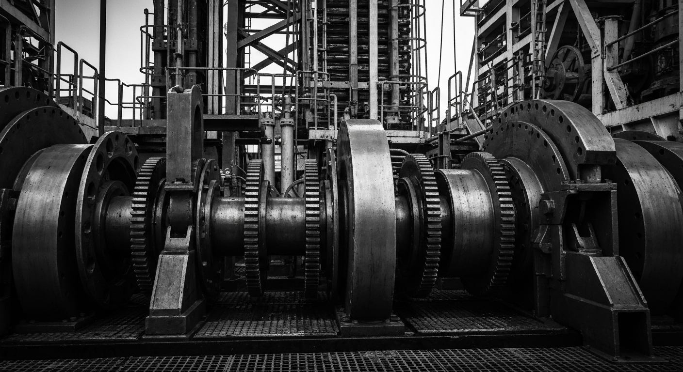 A high-contrast, close-up image of the complex machinery and gears that power an oil rig, conveying the industrial might and technical expertise of the energy sector.