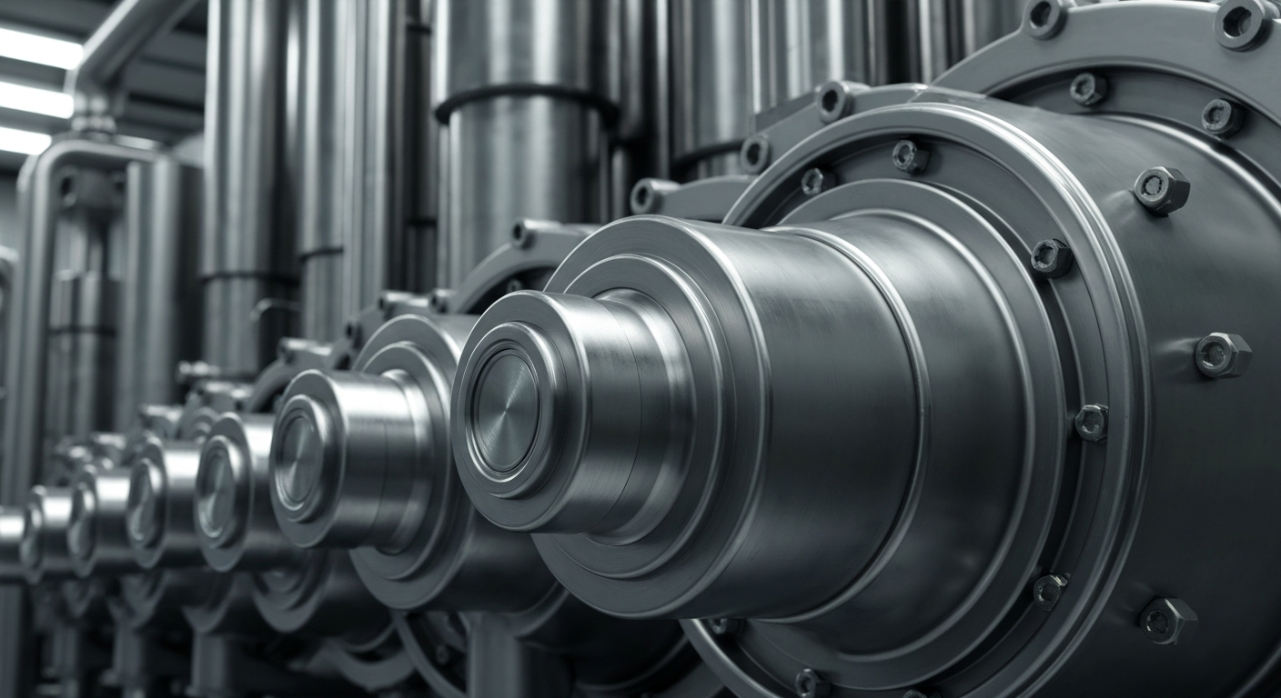 An extreme close-up of metallic pharmaceutical manufacturing equipment, conveying a sense of industrial power and financial stability without any text or identifiable elements.