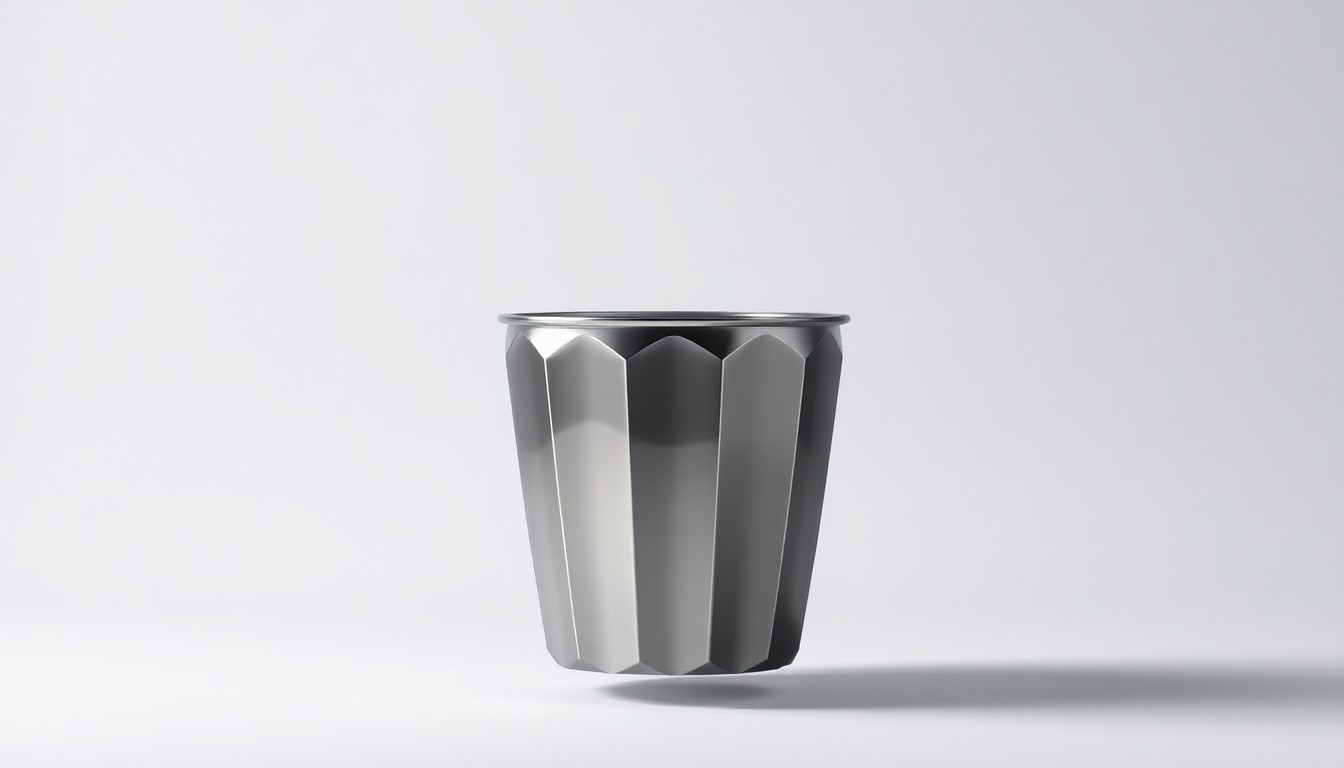 A photorealistic studio still life of a polished, geometric metal trash can or recycling bin, floating on a clean, monochromatic background and dramatically lit to symbolize the abstract concepts of waste management and sustainability.