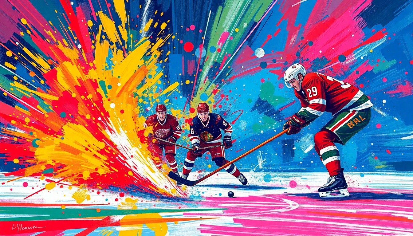 An abstract, expressionist painting in vibrant neon colors depicting the chaotic motion and energy of a hockey shootout, with the puck and players' forms blending into dynamic brushstrokes.