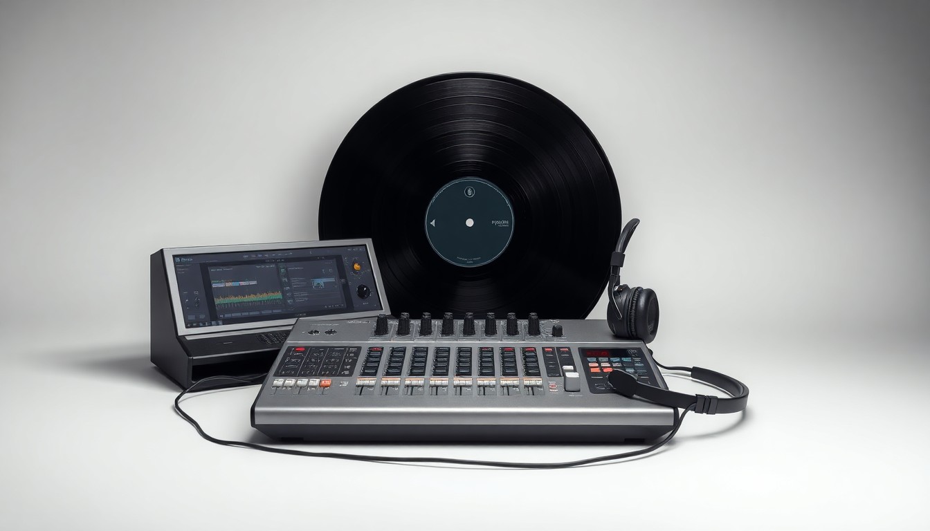 A sleek, minimalist studio still life featuring a metallic music mixing console, premium studio headphones, and a vinyl record, arranged elegantly on a clean, monochromatic background to symbolize the business of music production and distribution.