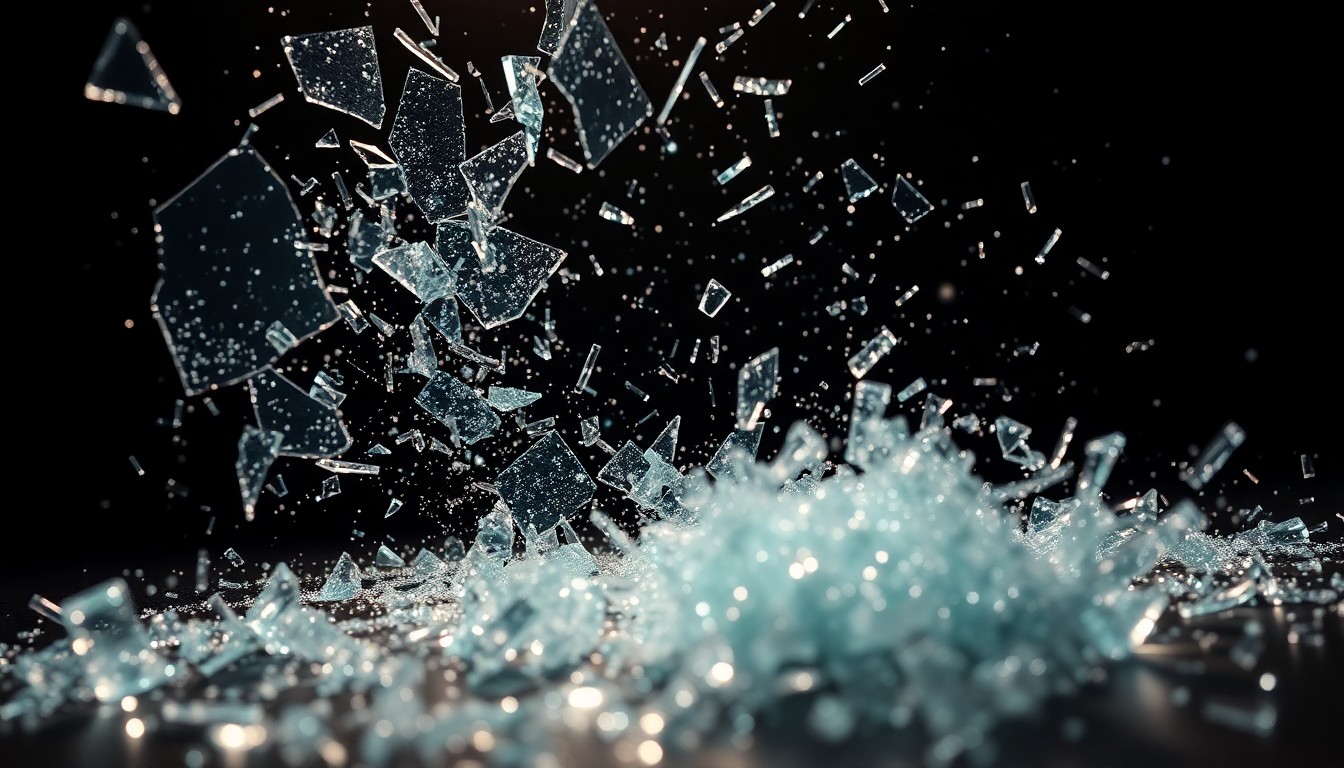 An abstract macro photograph of shattered glass and glittering shards, conveying the disruption and violence of a celebrity shooting incident.