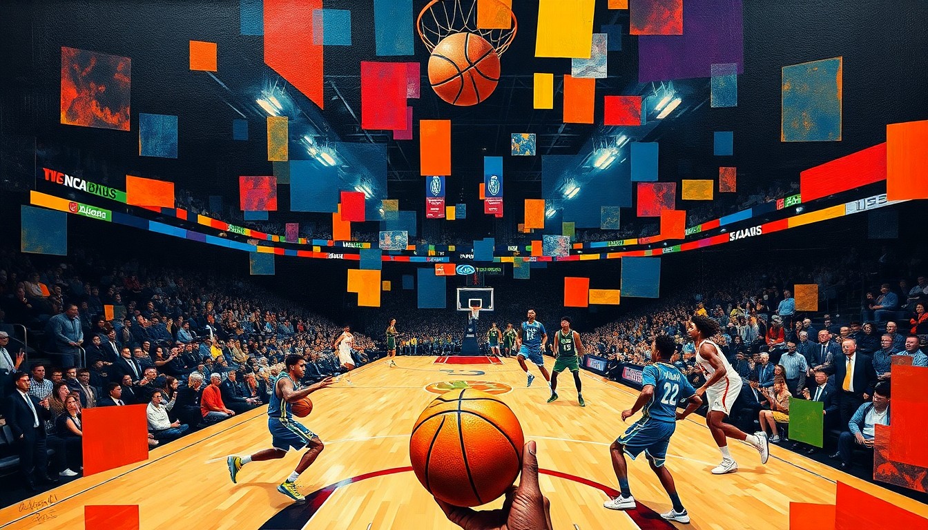 A fragmented, geometric painting depicting the final seconds of a basketball game, with players, the ball, and the court rendered in sharp, overlapping planes of color, conveying the energy and excitement of the championship moment.