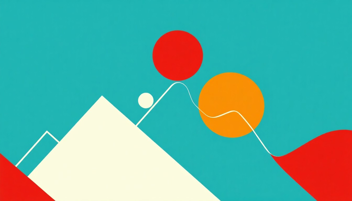 A minimalist illustration composed of bold geometric shapes in shades of red, blue, and yellow, conceptually representing the volatility and uncertainty in energy markets due to the Iran conflict.