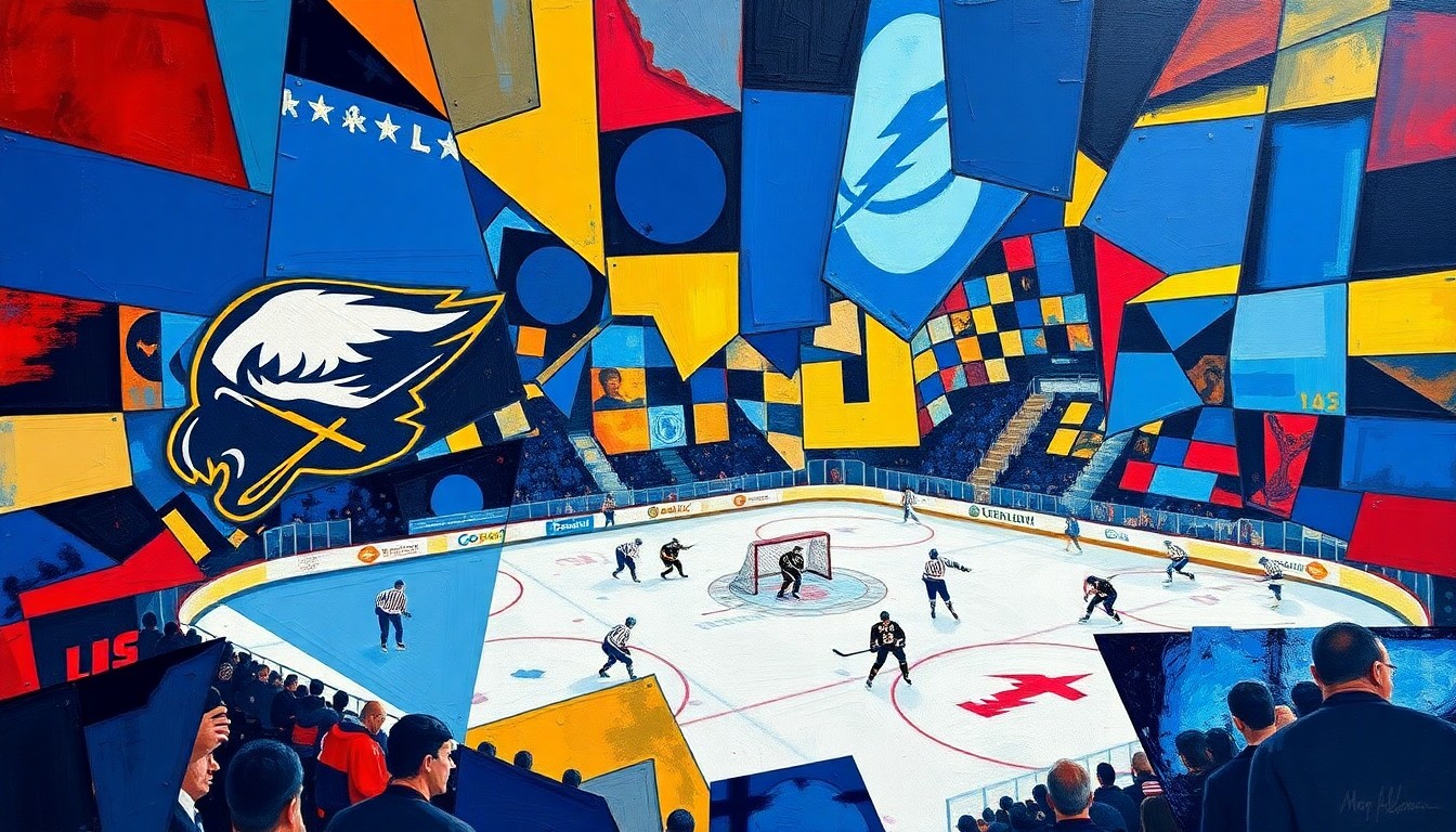 A cubist, geometric painting featuring overlapping planes of blue, gold, and red, conceptually representing the intensity and competition of a hockey game between the Buffalo Sabres and Tampa Bay Lightning.
