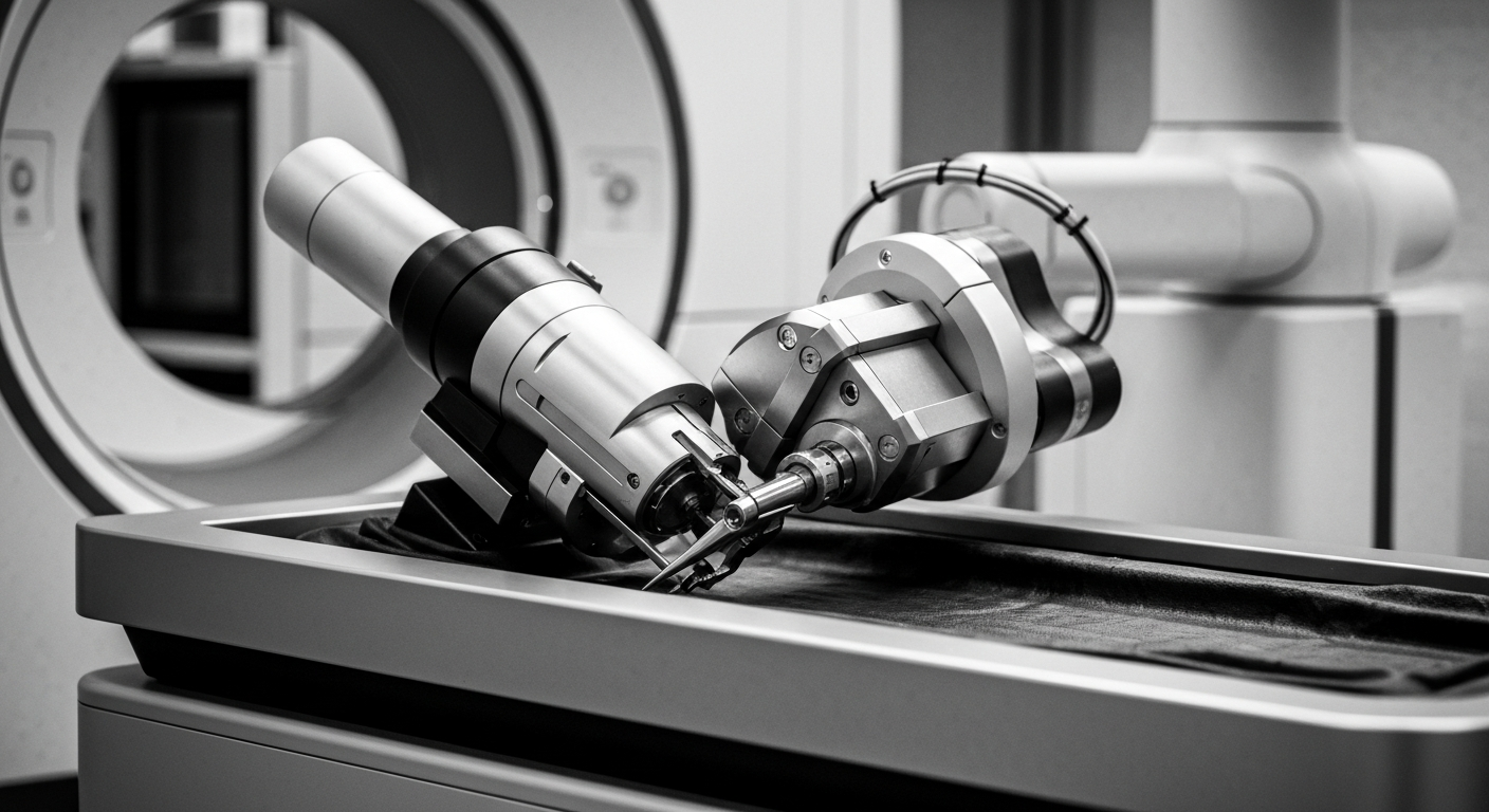 A high-contrast black-and-white macro photograph of complex medical machinery, conveying a sense of institutional power and financial security within the healthcare industry.