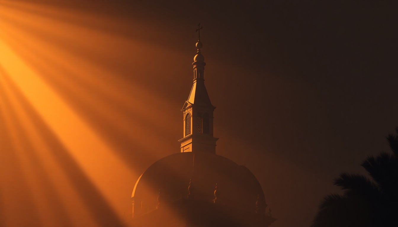 A serene, painterly depiction of an ornate church steeple in warm, golden light, conveying a sense of timeless tradition and spiritual endurance.