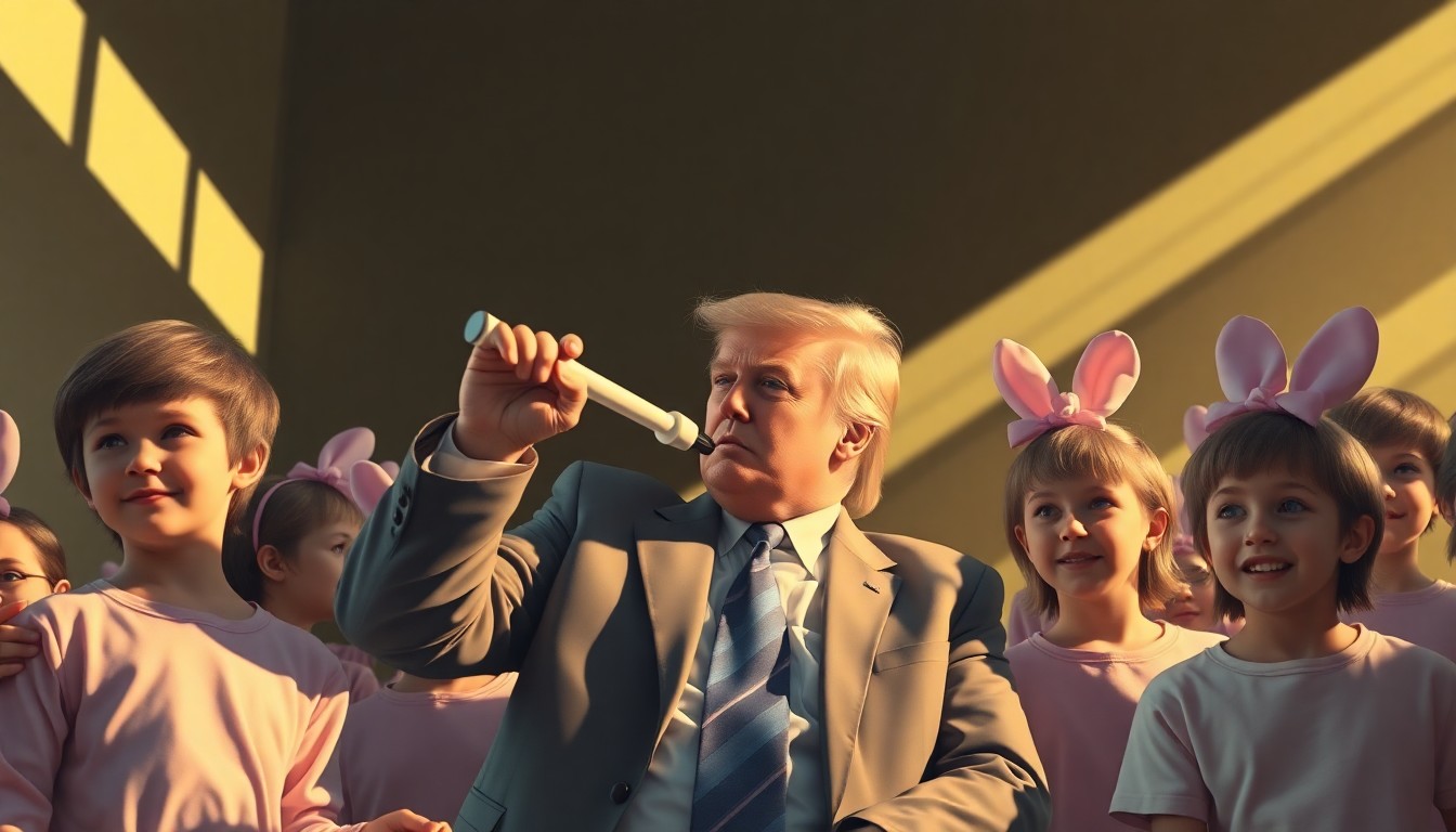 A warm, cinematic painting depicting Donald Trump in a coaching pose, surrounded by children in pastel Easter outfits, all bathed in soft, diagonal sunlight and deep shadows, conceptually representing the former president's hands-on approach to the annual event.