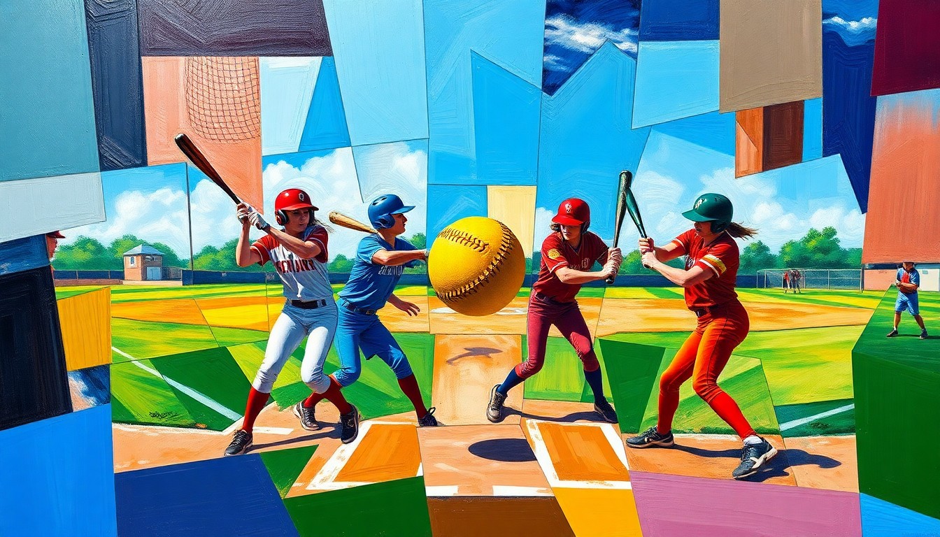 A fragmented, geometric painting depicting the dynamic action of a high school softball game, with players, bats, and the ball rendered in sharp, overlapping planes of bright, vibrant colors.