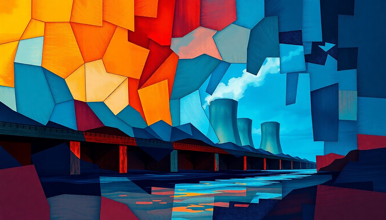 A dynamic, abstract painting featuring overlapping geometric shapes and waves of color representing an Iranian infrastructure target in motion, conveying the sense of impending conflict and high stakes.