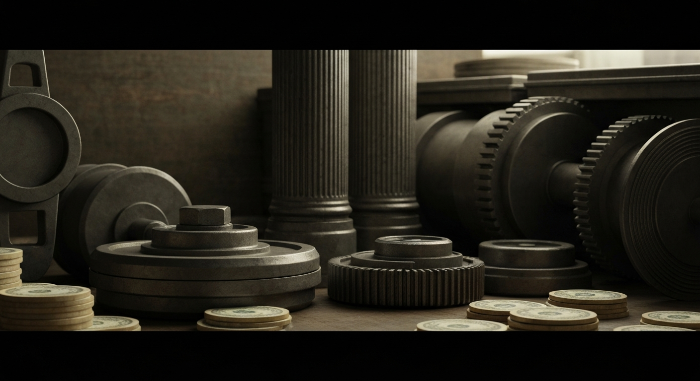 An extreme close-up of gears, levers, and other industrial machinery, conveying the physical and mechanical nature of the financial industry without using any literal representations of money or banking.