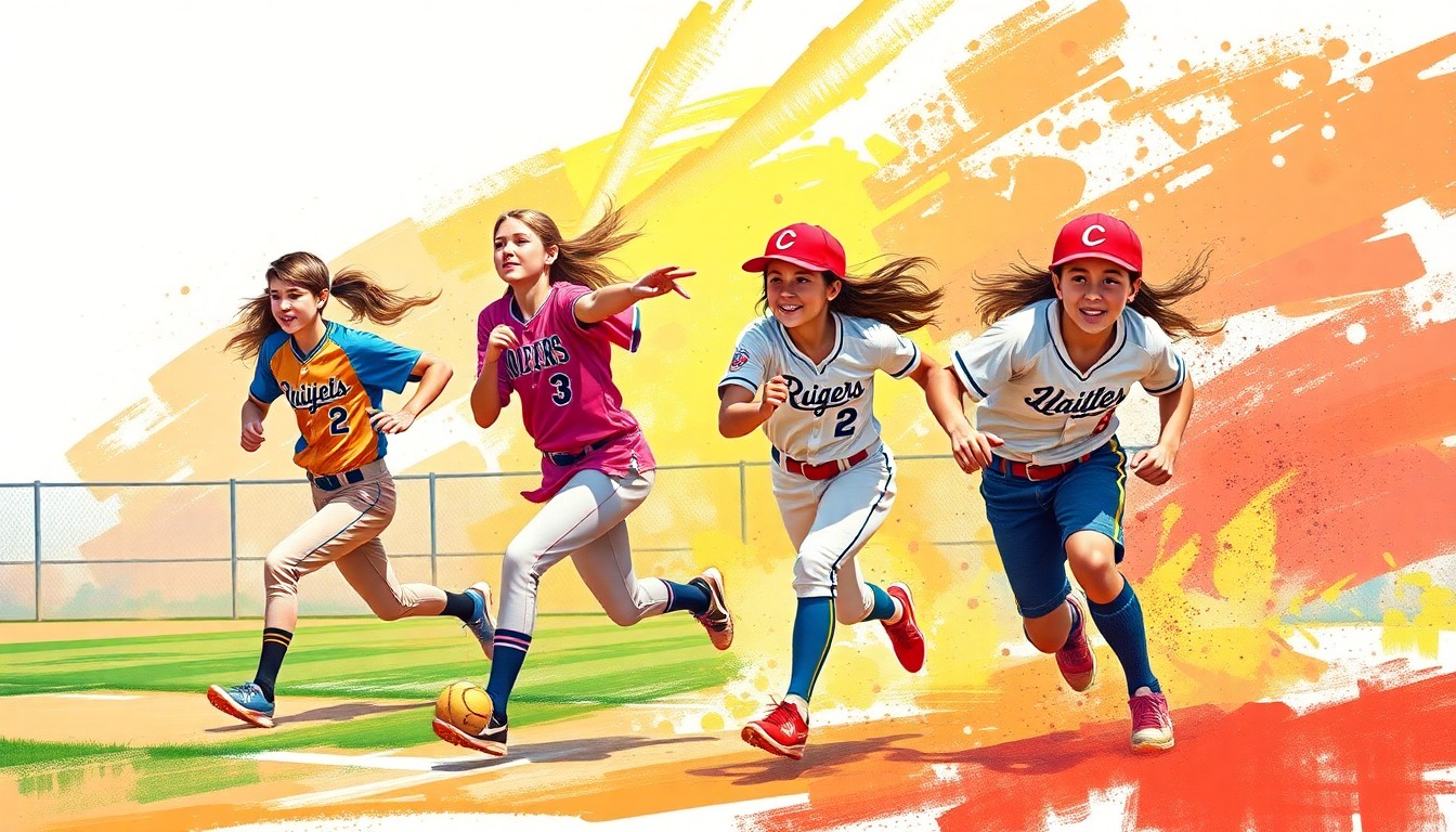 A vibrant, energetic illustration using bold, expressive brushstrokes in bright colors to depict the dynamic action of a high school softball game, capturing the competitive spirit and athletic prowess of the players.