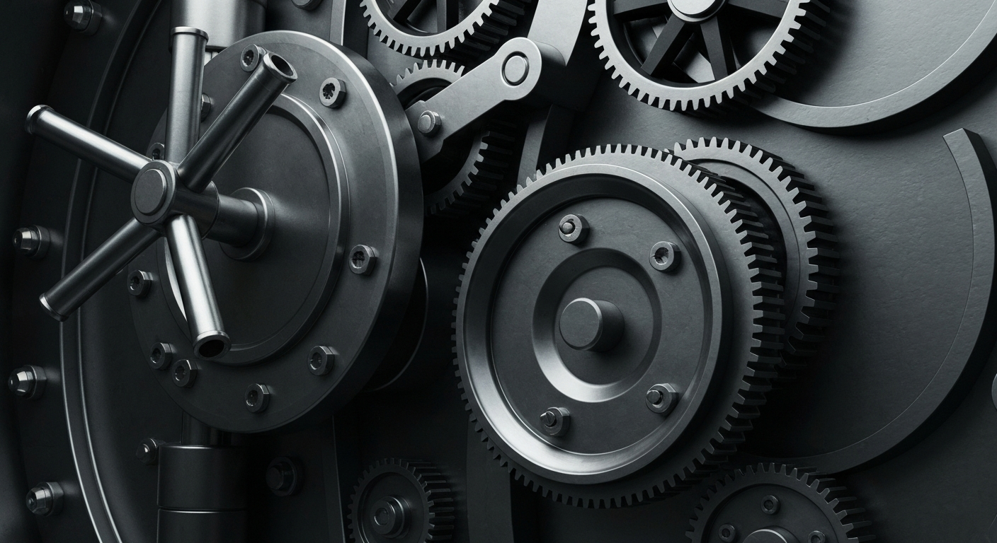 An extreme close-up of the intricate mechanical components of a bank vault, conveying a sense of the secure, powerful infrastructure that underpins the banking industry.