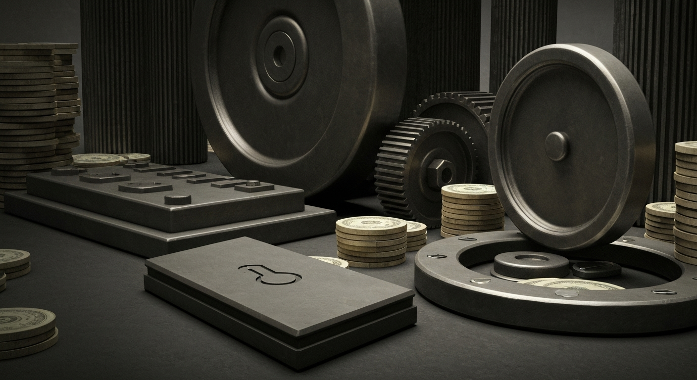 An extreme close-up of gears, levers, and other industrial banking machinery, conveying a sense of the heavy, physical nature of financial systems without depicting any literal currency or charts.