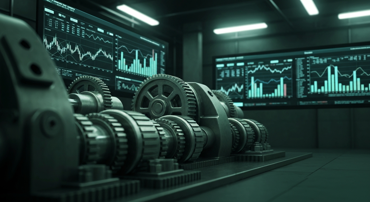 An extreme close-up of gears, levers, and other heavy industrial machinery in muted shades of gray, blue, and silver, conveying the intricate and powerful nature of the financial sector.