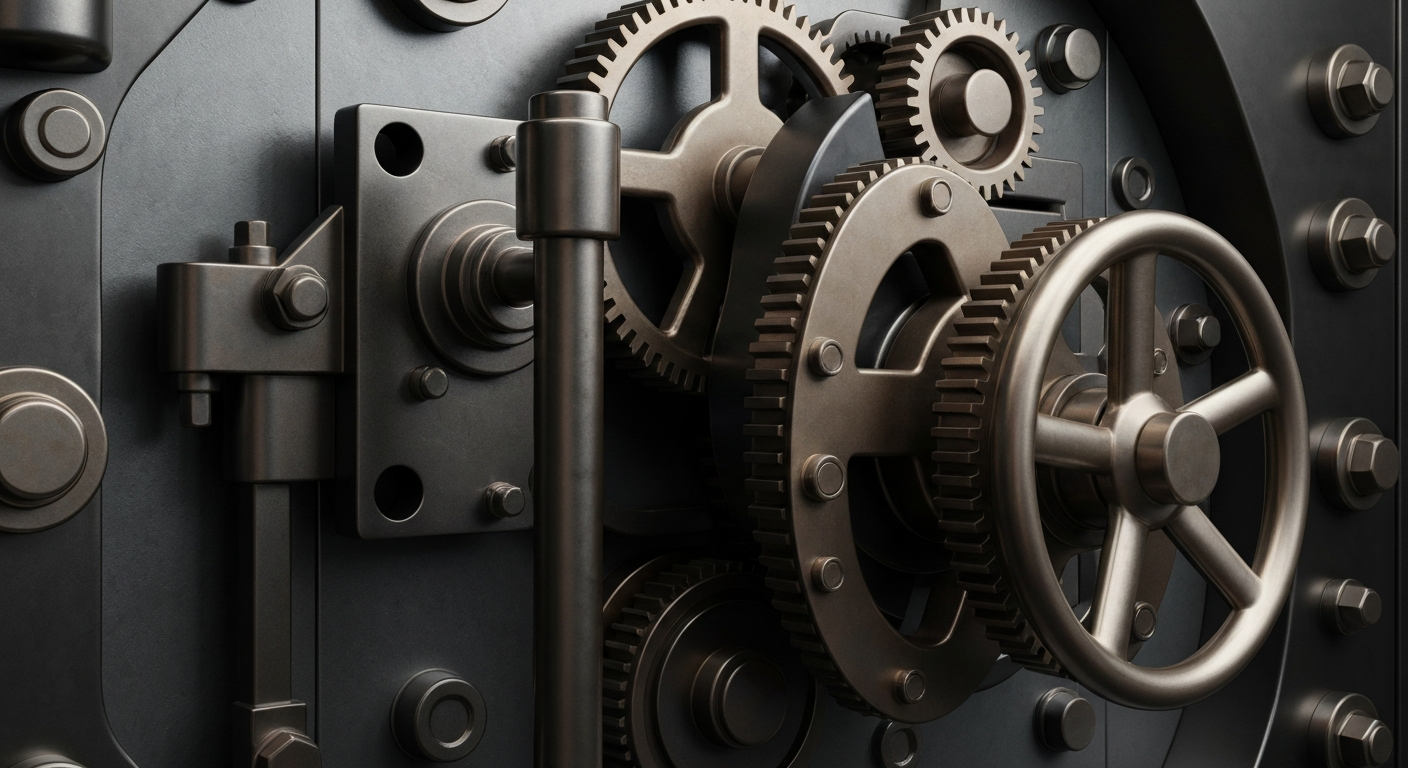 An extreme close-up of the intricate mechanical components of an old bank vault, conveying a sense of institutional security and the tangible nature of financial assets.