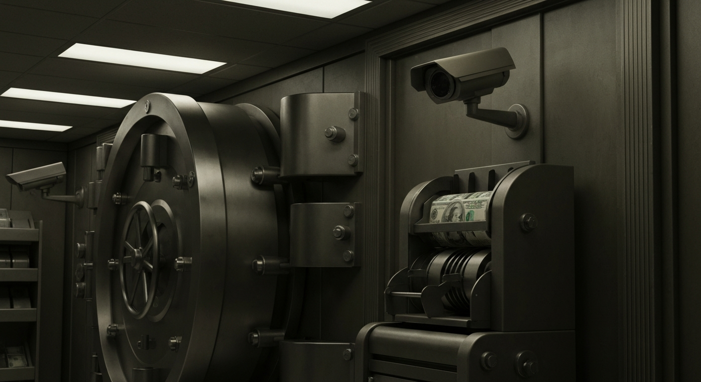 An extreme close-up of various banking machinery and security devices, conveying the heavy, industrial nature of the financial sector without using literal currency or charts.
