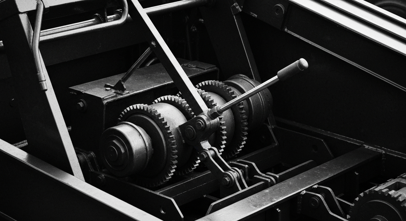 A close-up, high-contrast black and white image of the intricate gears, levers, and hydraulic components that make up the internal mechanics of a heavy-duty tow truck, capturing the industrial and technical nature of the towing and recovery vehicle industry.