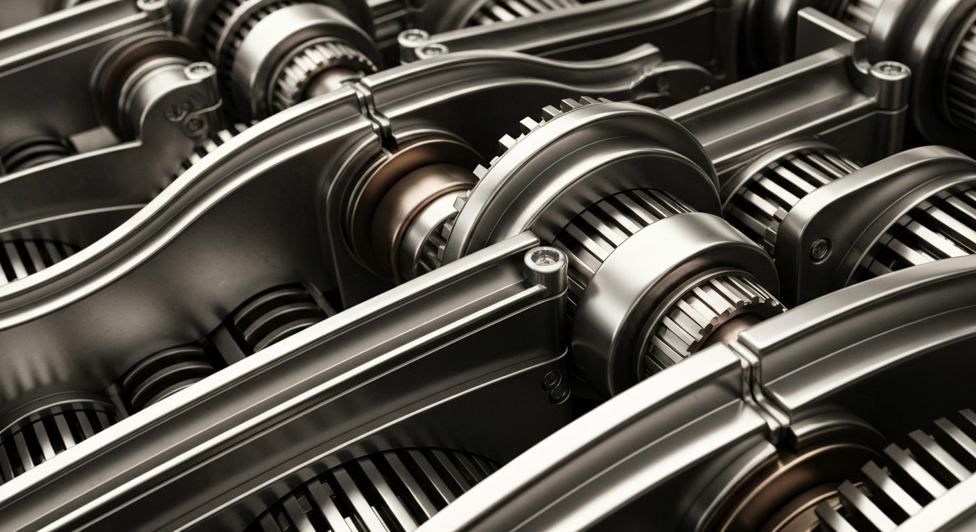 An extreme close-up of gleaming, interlocking gears and levers representing the complex machinery of the banking industry, conveying a sense of institutional stability and financial security.