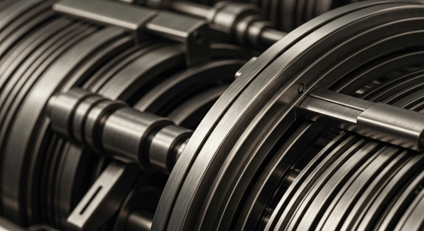 An extreme close-up of complex, interlocking gears and levers in a muted industrial palette, conceptually representing the inner workings of a well-established financial institution.