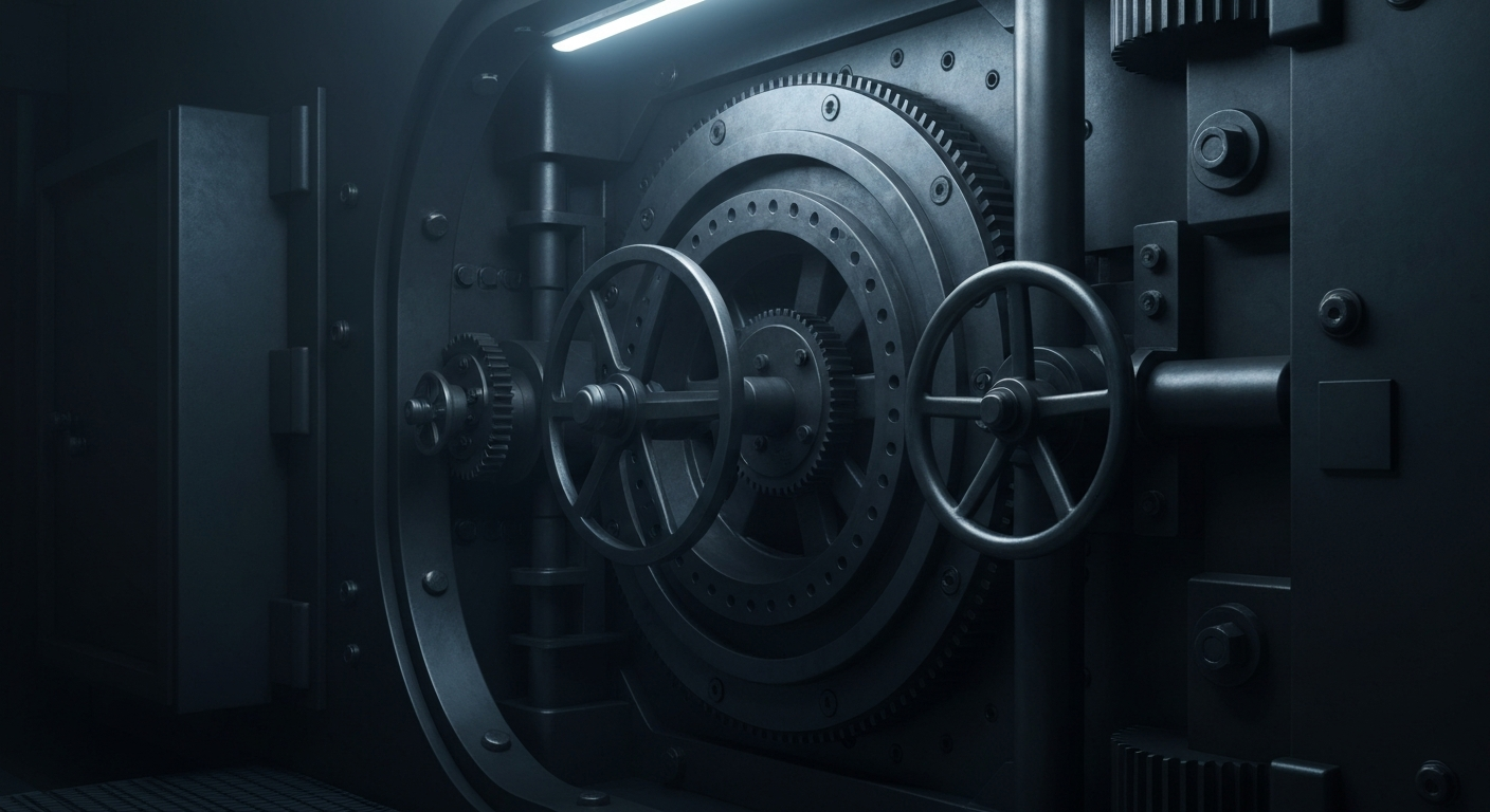 An extreme close-up of the intricate, industrial gears and mechanisms of a large bank vault, conveying a sense of the robust financial infrastructure underlying Mercantile Bank's operations.
