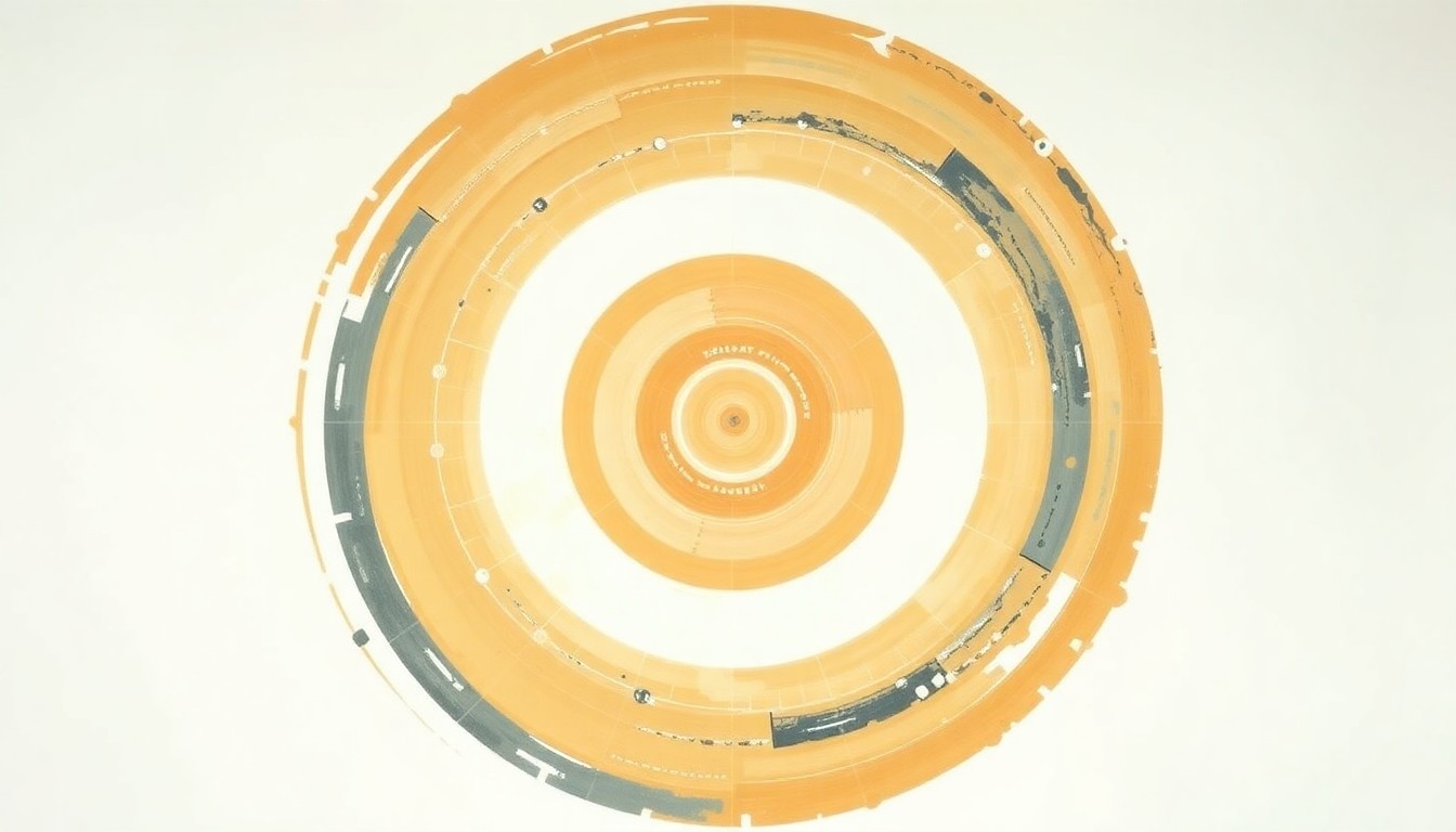 A highly textured abstract painting in earthy tones of ochre, sienna, and indigo, featuring sweeping geometric arcs, concentric circles, and precise spirals, conceptually representing the complex forces and scientific concepts behind the Artemis II lunar mission.