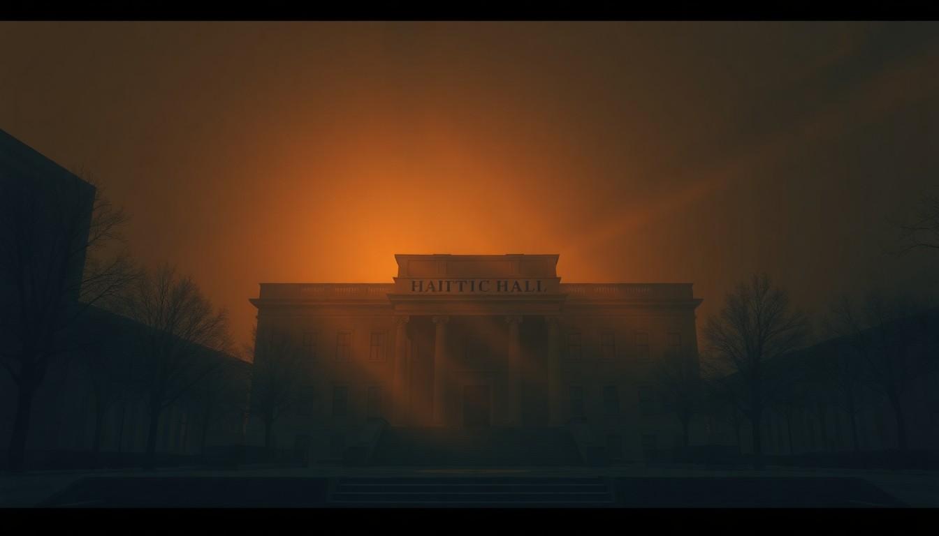 A serene, photorealistic painting of a city hall building in warm, golden light, with deep shadows casting a somber mood, conveying the sense of civic unrest and the need for transparency and accountability in local government.