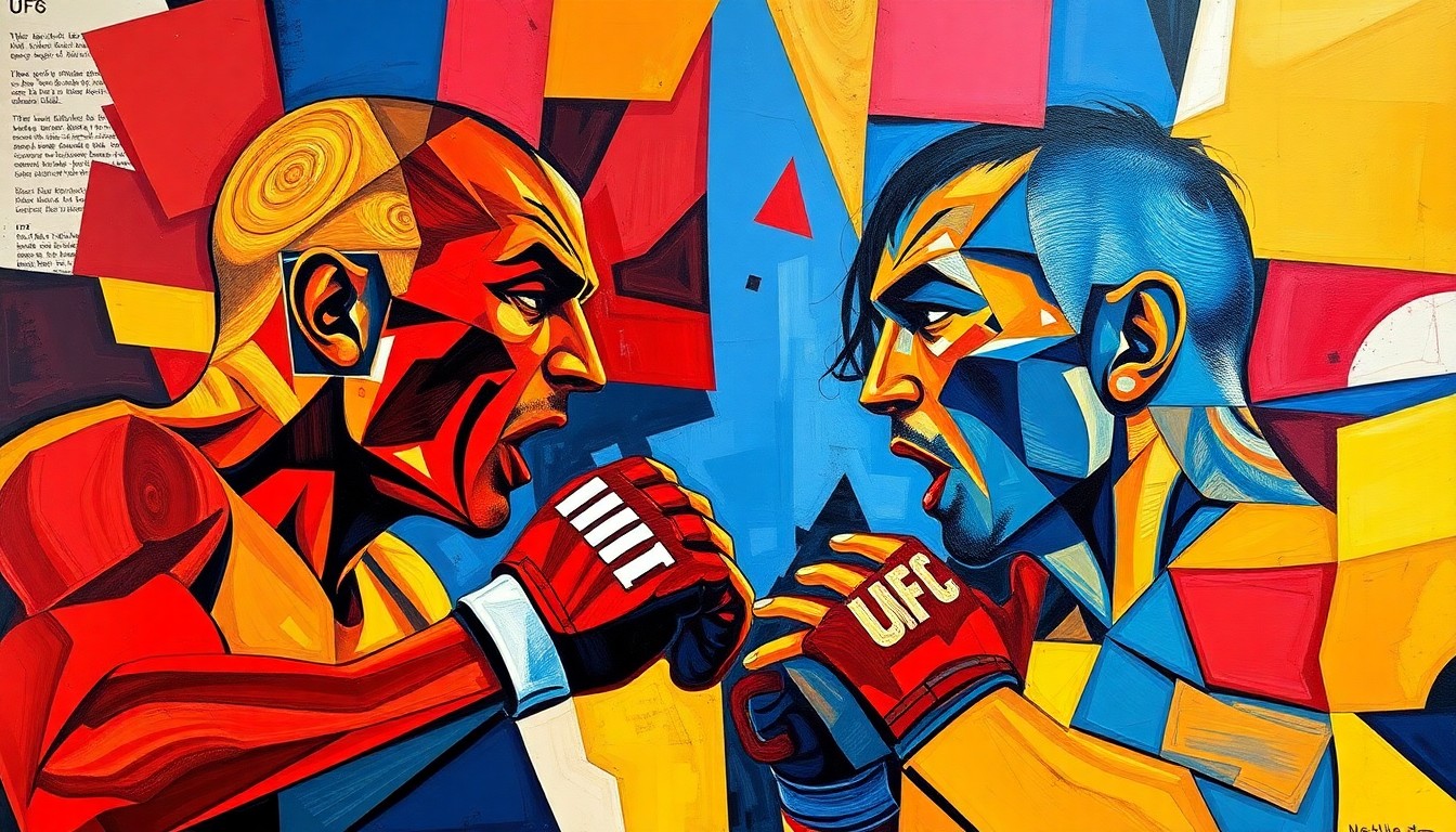 A cubist, geometric painting depicting the intense action and energy of a UFC title fight, with sharp, overlapping planes of color representing the combatants and their movements.