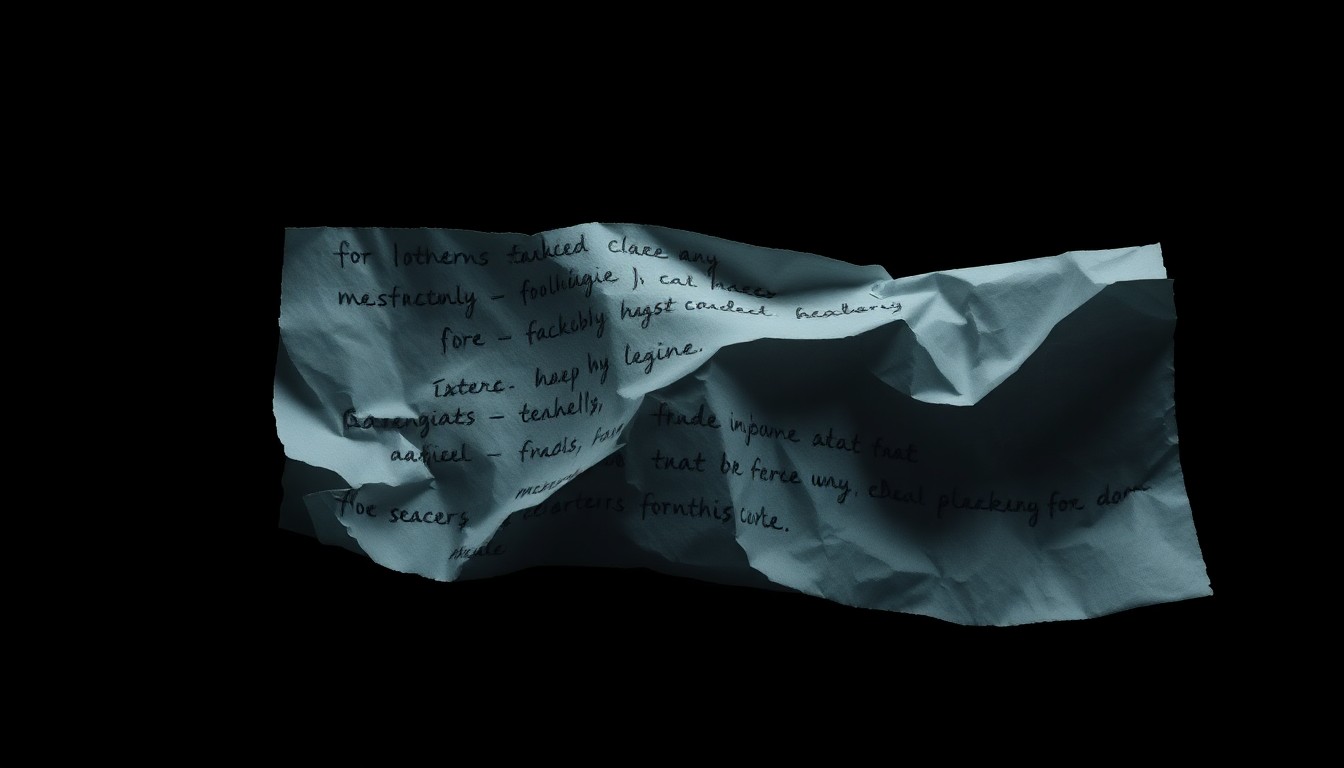 An extreme close-up photograph of a crumpled piece of paper with handwritten notes, lit by a harsh, direct camera flash against a pitch-black background, conceptually representing the investigation into the alleged failure to protect a teen from sex trafficking.