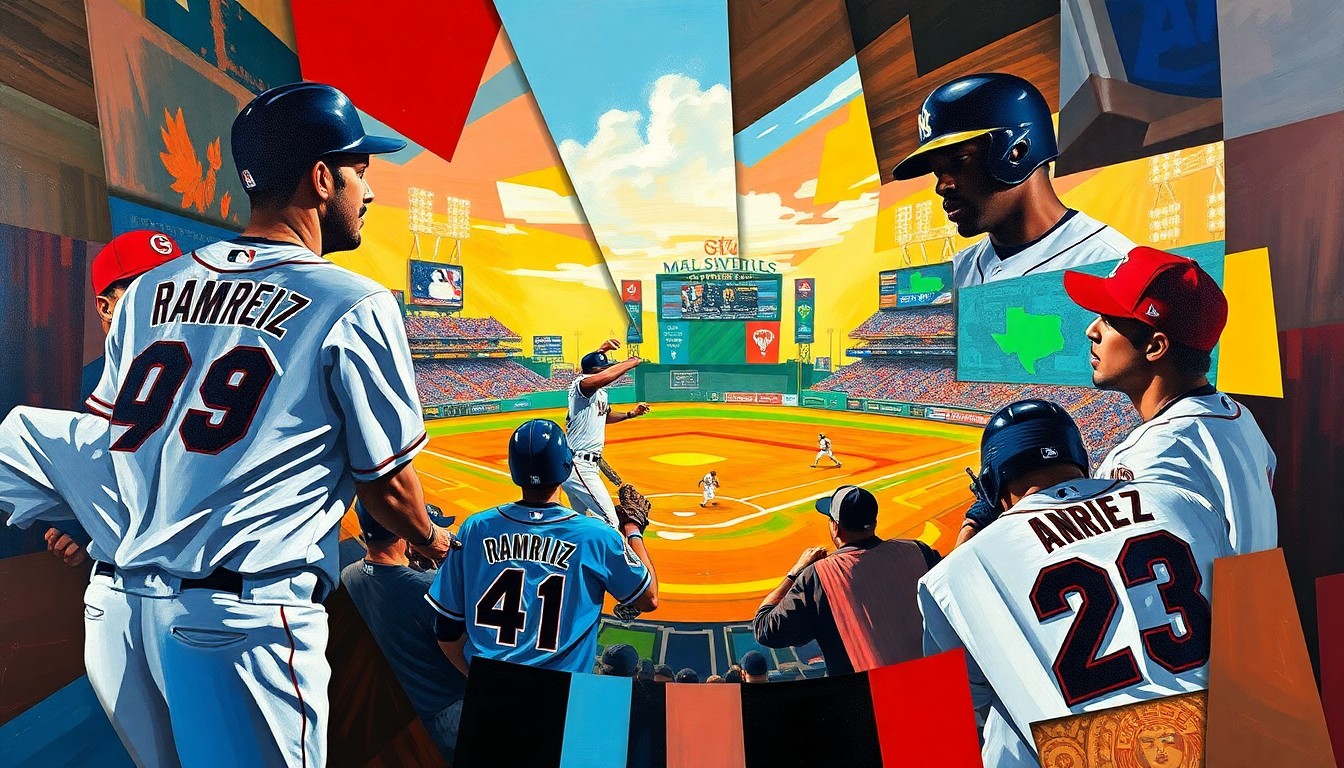 A fractured, multi-perspective painting depicting a baseball game and player in sharp, overlapping geometric planes, using the vibrant colors of the Cleveland Guardians' uniform.