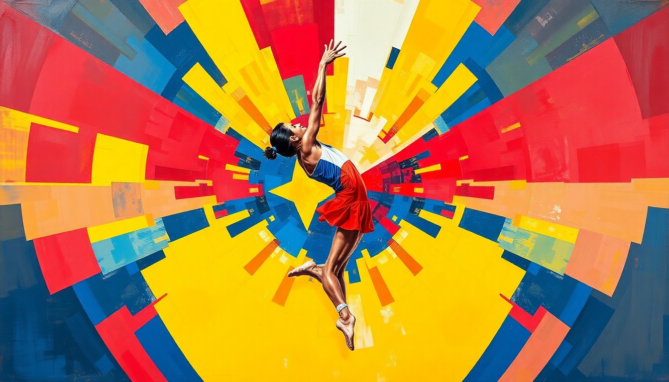 A cubist, geometric painting depicting a Filipino gymnast performing acrobatic maneuvers, with the colors of the Philippine flag woven throughout the fractured, multi-angled composition.