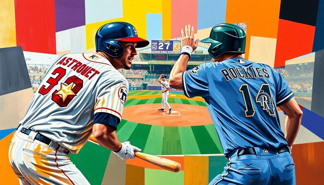 A cubist, geometric painting depicting a baseball game, with sharp, overlapping planes of color representing the players and action on the field.