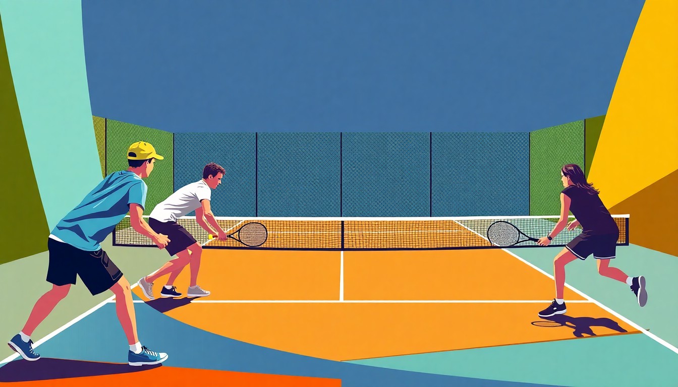 A fractured, multi-perspective painting in the cubist style, breaking down a high school tennis match into sharp, overlapping geometric planes of color, capturing the intense back-and-forth action on the court.