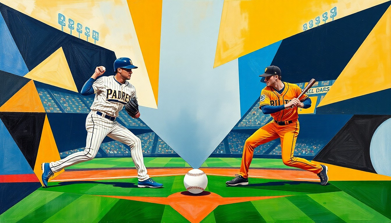 A fragmented, abstract painting depicting a baseball game between the San Diego Padres and Pittsburgh Pirates, with the players and field elements broken down into overlapping geometric shapes and planes in a cubist style, using the official team colors.