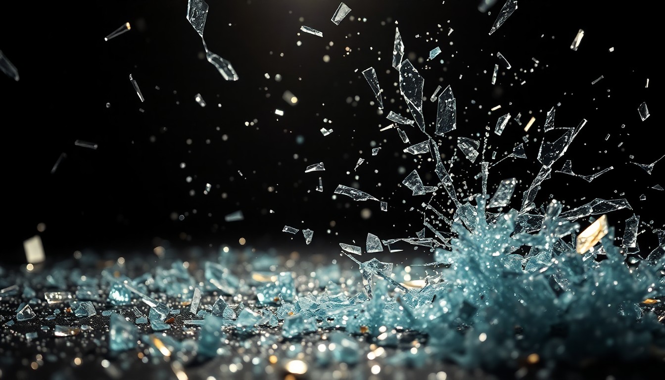 An extreme close-up of shattered glass and glittering shards in dramatic high-contrast studio lighting, conceptually representing the violent aftermath of a celebrity shooting incident.