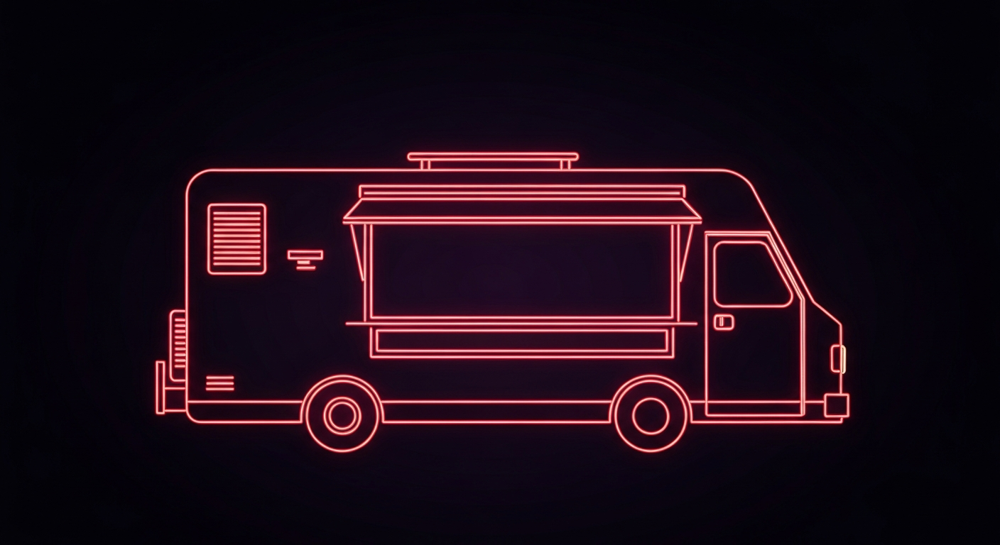 A glowing neon outline of a food truck or restaurant facade, conceptually representing the energy and vibrancy of the local food scene in Yakima.