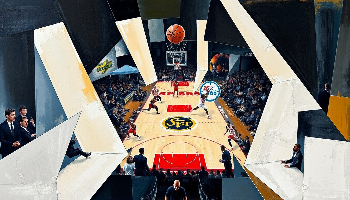 A fragmented, geometric painting depicting the collision between two basketball players, with their bodies and the court breaking down into sharp, angular shapes and planes of color.
